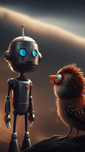 um robo conversando com passarinho estilo cartoo
