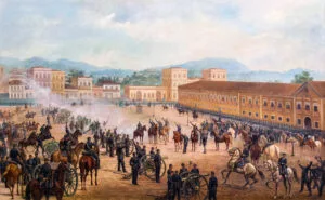 Pintura Proclamação da República, de Benedito Calixto, mostrando tropas no Campo de Santana em 15 de novembro de 1889
